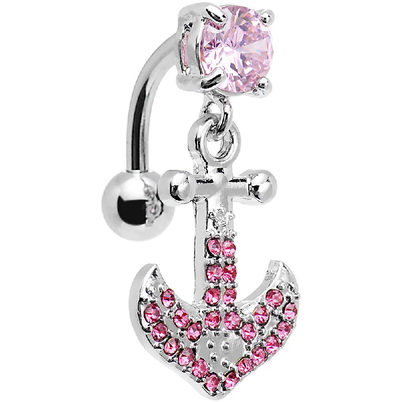 Trendy Belly Rings with Radiant Stones -Pink Gem Paved Set My Sails Anchor Top Mount Dangle Belly Ring Trendy Belly Rings with Radiant Stones -Pink Gem Paved Set My Sails Anchor Top Mount Dangle Belly Ring