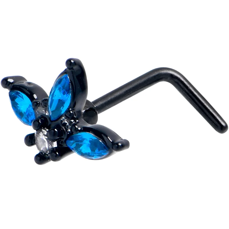 Stylish Nose Rings for Special Occasions -20 Gauge 7mm Blue Clear Gem Black Goth Flower L Shape Nose Ring Stylish Nose Rings for Special Occasions -20 Gauge 7mm Blue Clear Gem Black Goth Flower L Shape Nose Ring