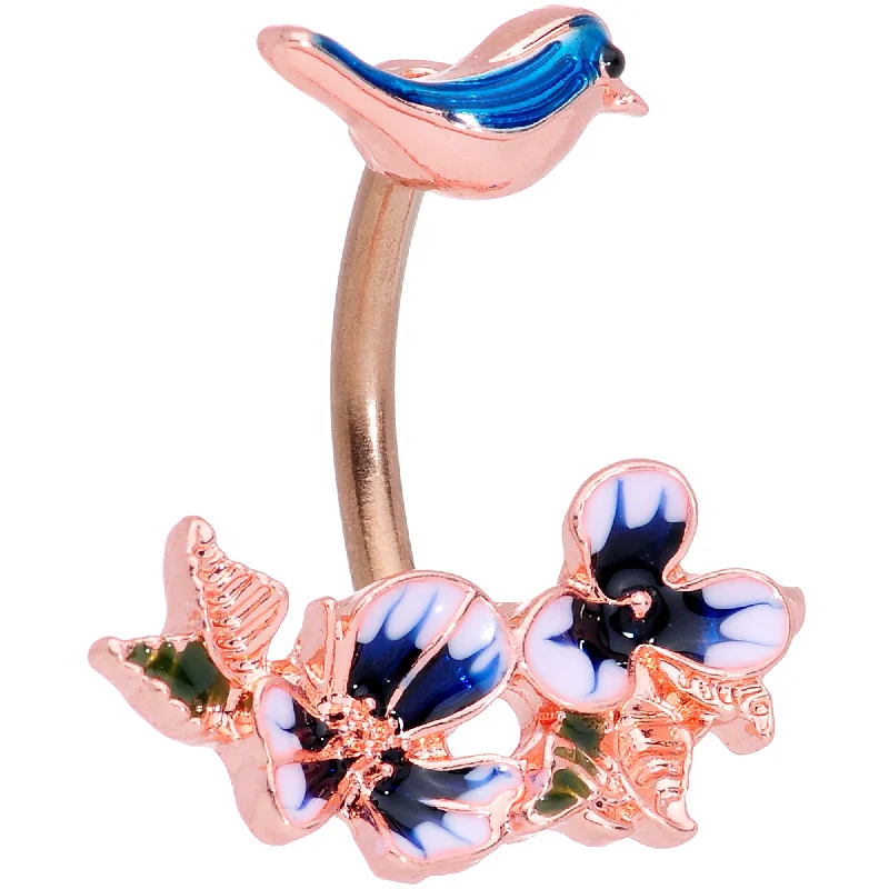 Trendy Belly Rings for Bold Fashion -Rose Gold Tone Blue Tropical Flower Bluebird Double Mount Belly Ring Trendy Belly Rings for Bold Fashion -Rose Gold Tone Blue Tropical Flower Bluebird Double Mount Belly Ring