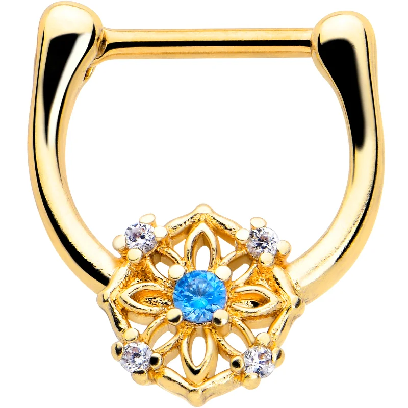 Nose Rings for Everyday Chic Looks -16 Gauge 5/16 Blue CZ Gem Gold Tone Flower Ring Cartilage Clicker Nose Rings for Everyday Chic Looks -16 Gauge 5/16 Blue CZ Gem Gold Tone Flower Ring Cartilage Clicker