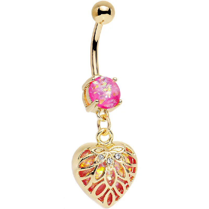 Fashionable Belly Rings for Trendy Looks -Pink Red Faux Opal Gold Anodized Lotus Flower Locked Heart Dangle Belly Ring Fashionable Belly Rings for Trendy Looks -Pink Red Faux Opal Gold Anodized Lotus Flower Locked Heart Dangle Belly Ring