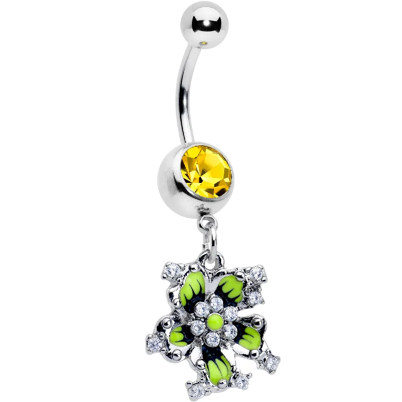 Designer Belly Rings for Exclusive Fashion -Clear Yellow CZ Gem Go Green Flower Dangle Belly Ring Designer Belly Rings for Exclusive Fashion -Clear Yellow CZ Gem Go Green Flower Dangle Belly Ring