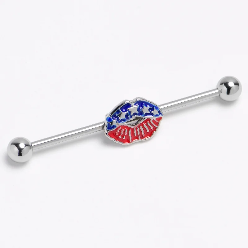 Women's Earrings – Elegant Designs for Every Personality--14 Gauge Patriotic Kissy Lips Inlay Industrial Barbell 38mm