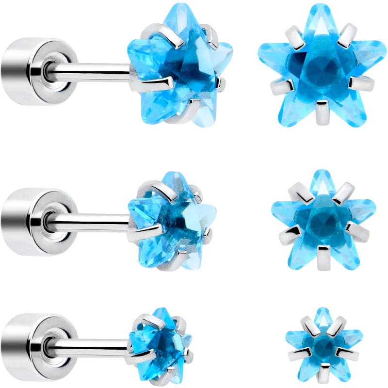 Women's Earrings – Elegant Designs for Every Personality--Blue Star CZ Flat Back Stud Earrings - 3 Pairs