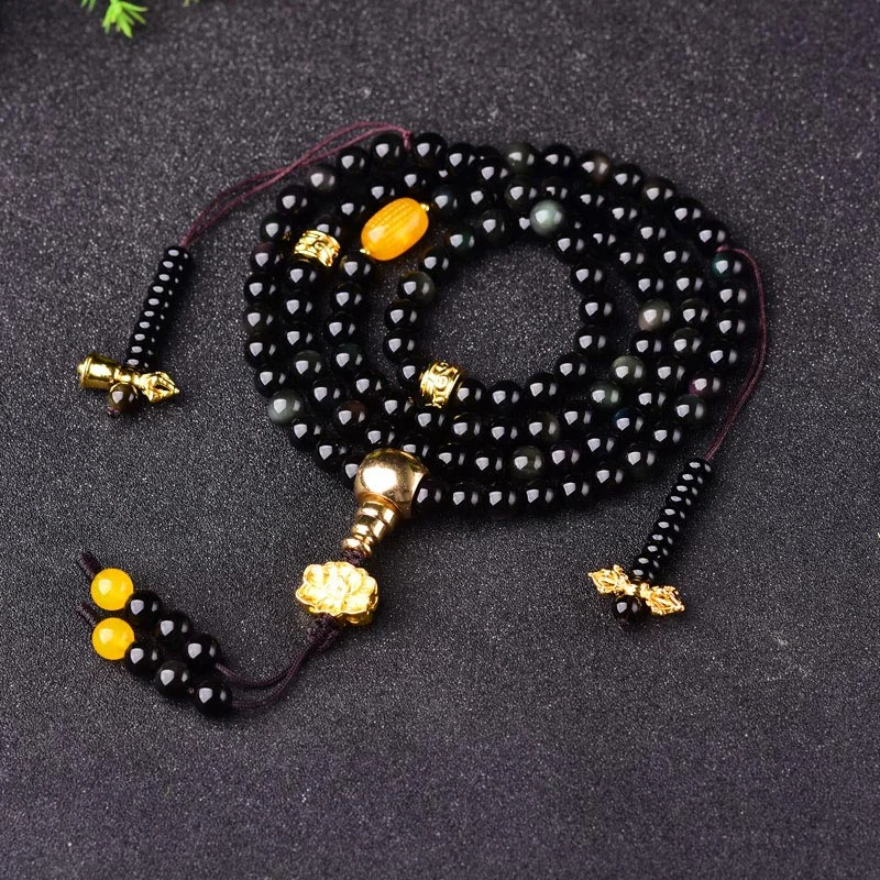 Men's Fashion Bracelets for Any Occasion-Buddha Stones 108 Beads Natural Black Obsidian Lotus Fulfilment Mala Bracelet Men's Fashion Bracelets for Any Occasion-Buddha Stones 108 Beads Natural Black Obsidian Lotus Fulfilment Mala Bracelet