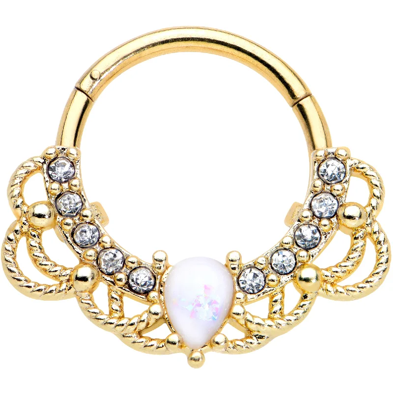 Nose Rings with Cute Designs -16 Gauge 3/8 White Faux Opal Gold Tone Lace Lover Hinged Segment Ring Nose Rings with Cute Designs -16 Gauge 3/8 White Faux Opal Gold Tone Lace Lover Hinged Segment Ring