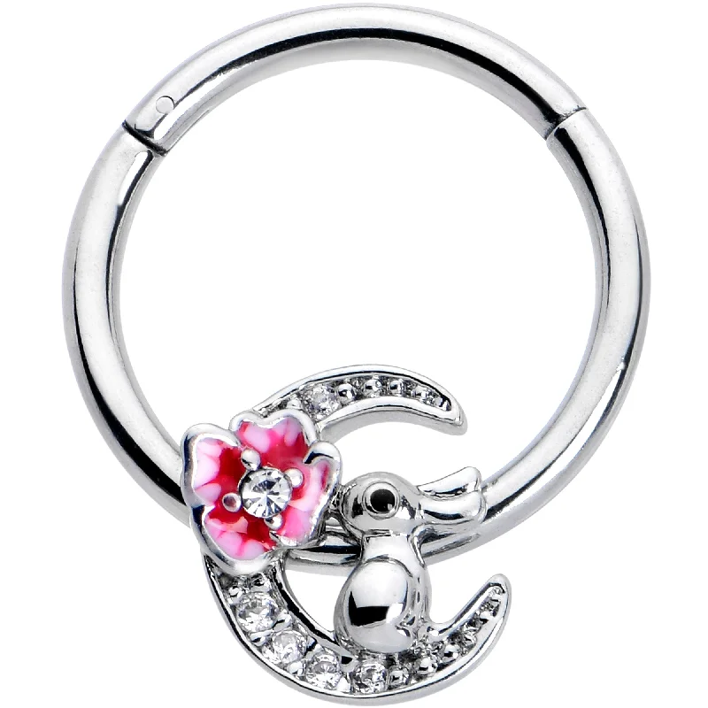 Nose Rings for Effortless Elegance -16 Gauge 3/8 Clear CZ Gem Rabbit On The Moon Pink Hinged Segment Ring Nose Rings for Effortless Elegance -16 Gauge 3/8 Clear CZ Gem Rabbit On The Moon Pink Hinged Segment Ring