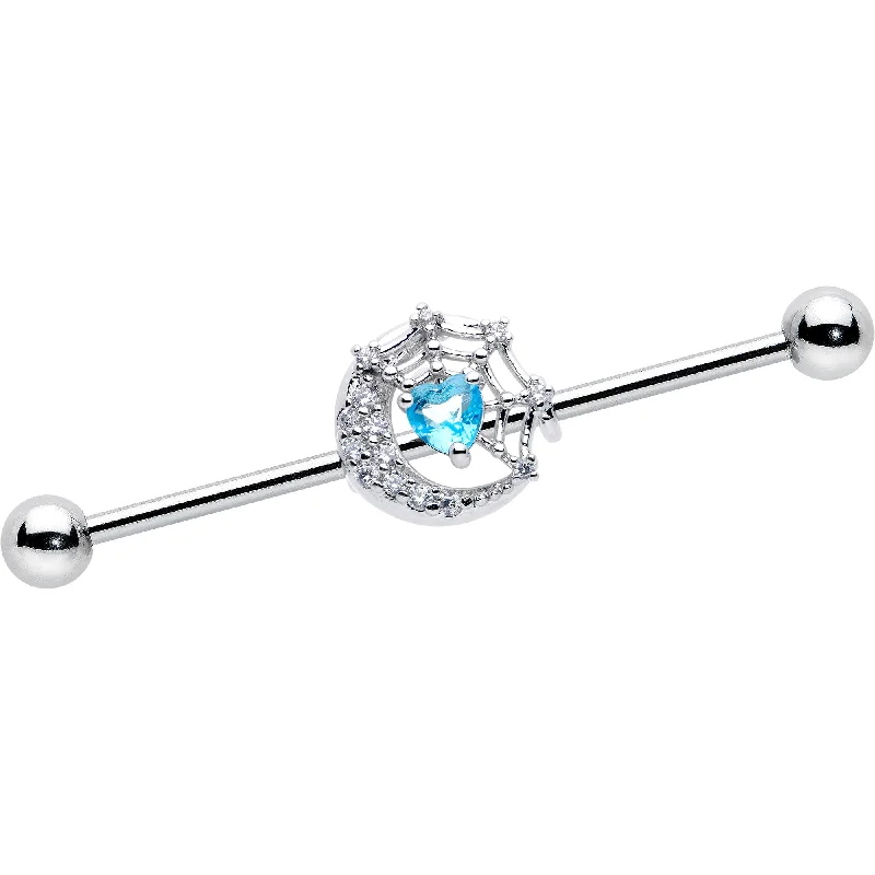 Women's Earrings – Elegant Designs for Every Personality--14 Gauge Blue CZ Gem Heart Web Moon Industrial Barbell 38mm
