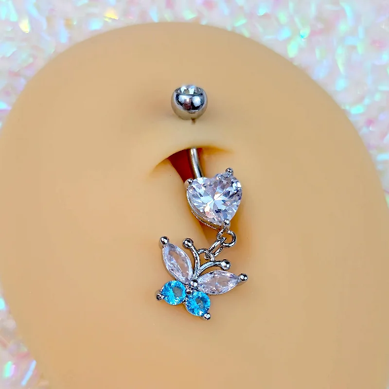 Beautiful Belly Rings with Polished Shine -Clear Blue Gem Love Butterfly Heart Dangle Belly Ring Beautiful Belly Rings with Polished Shine -Clear Blue Gem Love Butterfly Heart Dangle Belly Ring