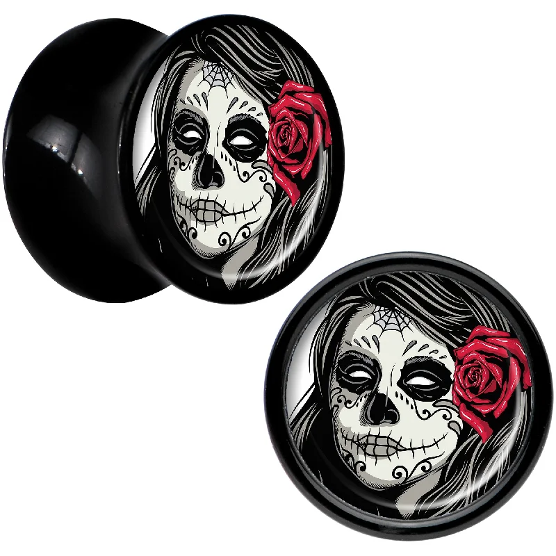 Women's Earrings – Elegant Designs for Every Personality--Black Acrylic Katrina Sugar Skull with Rose Flower Saddle Plug Set 00 Gauge