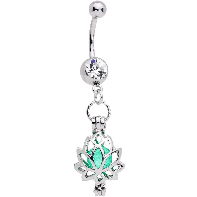 Trendy Belly Rings for Bold Fashion Statements -Clear Gem Glow in the Dark Inner Light Lotus Flower Dangle Belly Ring Trendy Belly Rings for Bold Fashion Statements -Clear Gem Glow in the Dark Inner Light Lotus Flower Dangle Belly Ring