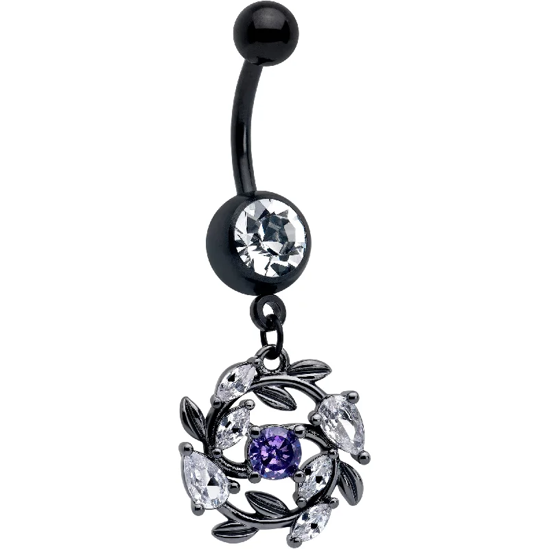 Comfortable Belly Rings for Fashionable Women -Purple Clear Gem Black Twining Vine Dangle Belly Ring Comfortable Belly Rings for Fashionable Women -Purple Clear Gem Black Twining Vine Dangle Belly Ring