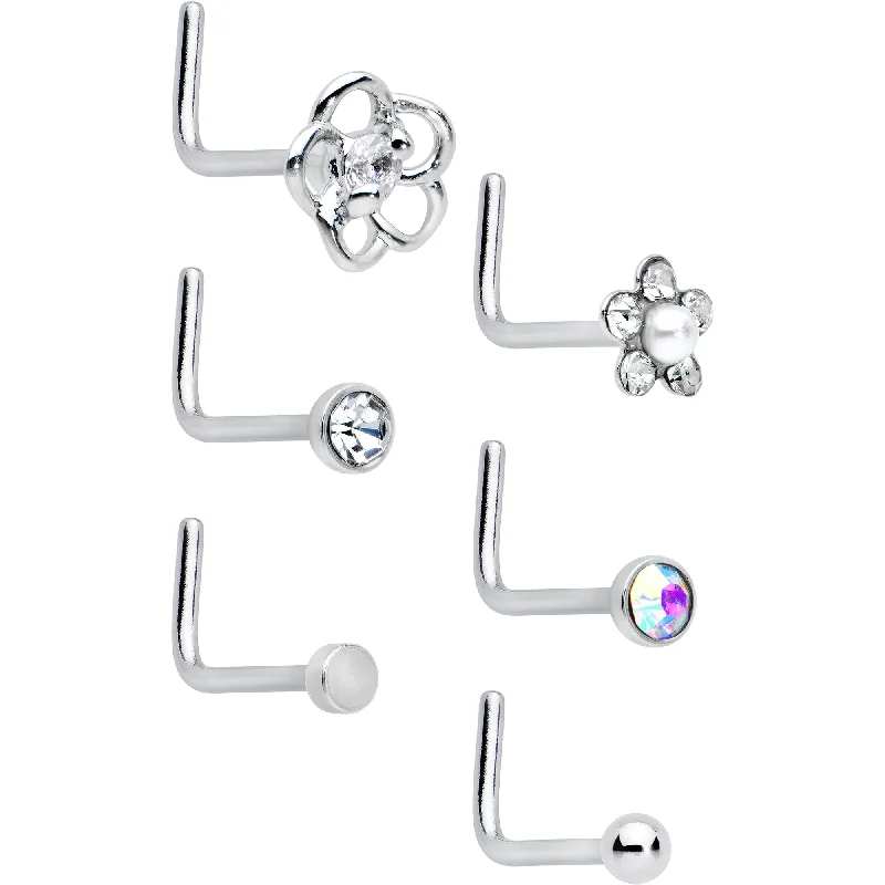 Nose Rings for Luxurious Look -20 Gauge 1/4 Aurora Clear CZ Gem Flower L Shape Nose Ring Set of 6 Nose Rings for Luxurious Look -20 Gauge 1/4 Aurora Clear CZ Gem Flower L Shape Nose Ring Set of 6