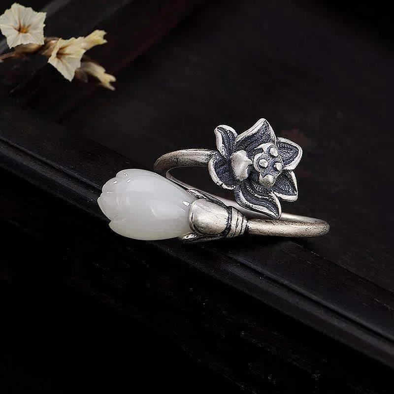 Chic Women's Rings for Fashion-Forward Looks-Buddha Stones Jade Lotus Copper Balance Healing Adjustable Ring Chic Women's Rings for Fashion-Forward Looks-Buddha Stones Jade Lotus Copper Balance Healing Adjustable Ring
