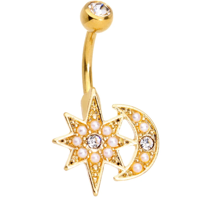 Belly Rings with Beautiful Crystal Accents -Clear Gem Gold Tone Holiday Star Crescent Moon Belly Ring Belly Rings with Beautiful Crystal Accents -Clear Gem Gold Tone Holiday Star Crescent Moon Belly Ring