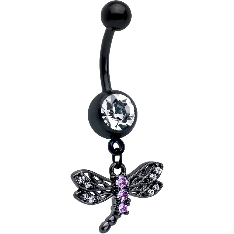 Stylish Belly Rings for Bold Fashion Choices -Purple CZ Gem Black Night Dragonfly Dangle Belly Ring Stylish Belly Rings for Bold Fashion Choices -Purple CZ Gem Black Night Dragonfly Dangle Belly Ring