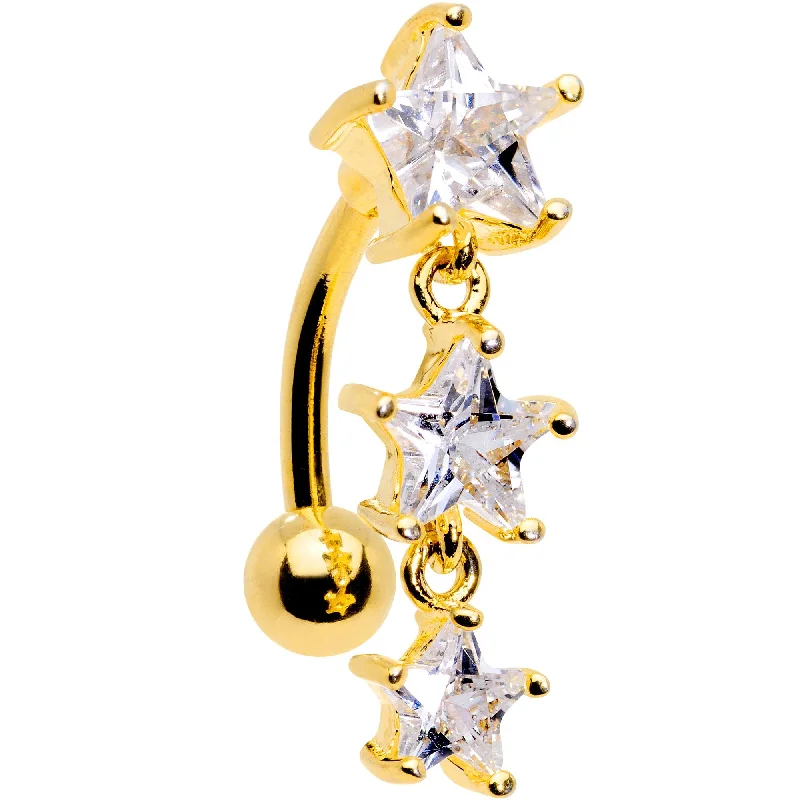 Comfortable Belly Rings with Special Design -Clear CZ Gem Gold Plated Triple Star Top Mount Dangle Belly Ring Comfortable Belly Rings with Special Design -Clear CZ Gem Gold Plated Triple Star Top Mount Dangle Belly Ring