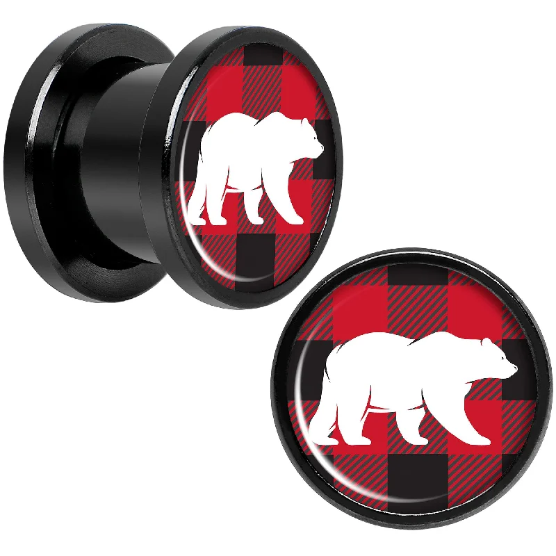 Women's Earrings – Elegant Designs for Every Personality--Red Black Plaid Polar Bear Black Screw Fit Plug Set Sizes 5mm to 20mm