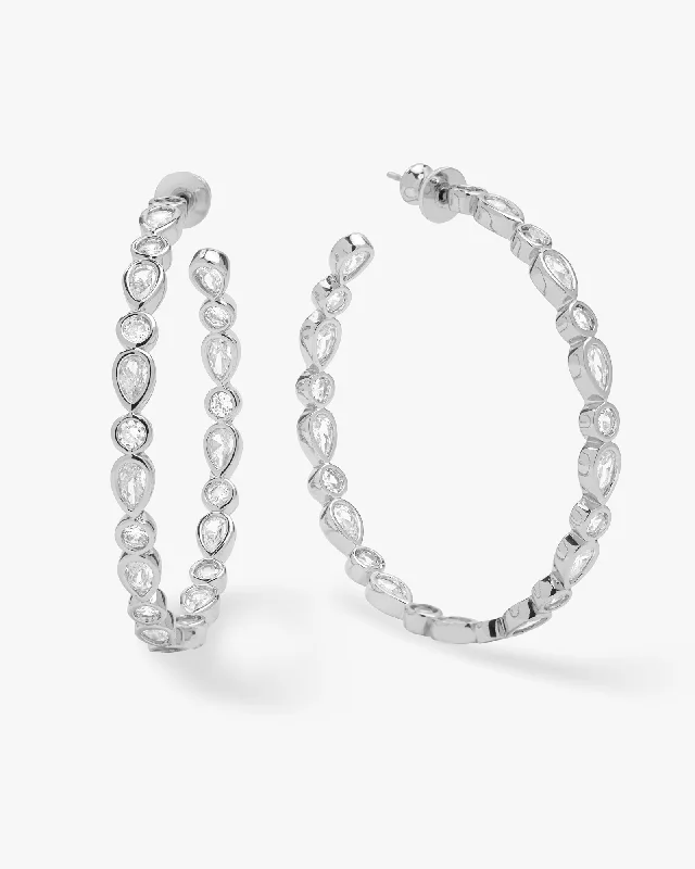 Women's Earrings – Elegant Designs for Every Personality--Isla Hoops 2" - Silver|White Diamondettes Women's Earrings – Elegant Designs for Every Personality--Isla Hoops 2" - Silver|White Diamondettes