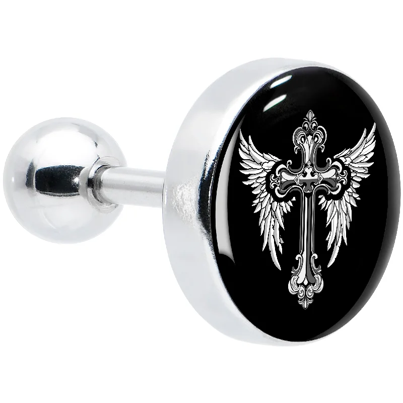 Women's Earrings – Elegant Designs for Every Personality--16 Gauge 1/4 Black White Winged Cross Tragus Cartilage Earring