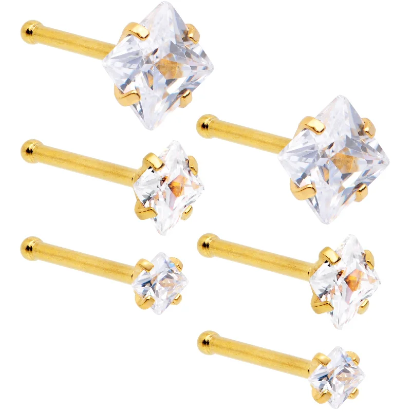 Nose Rings with Cool Patterns -20 Gauge 1/4 Clear Square Gem Gold Tone Nose Bone Set of 6 Nose Rings with Cool Patterns -20 Gauge 1/4 Clear Square Gem Gold Tone Nose Bone Set of 6