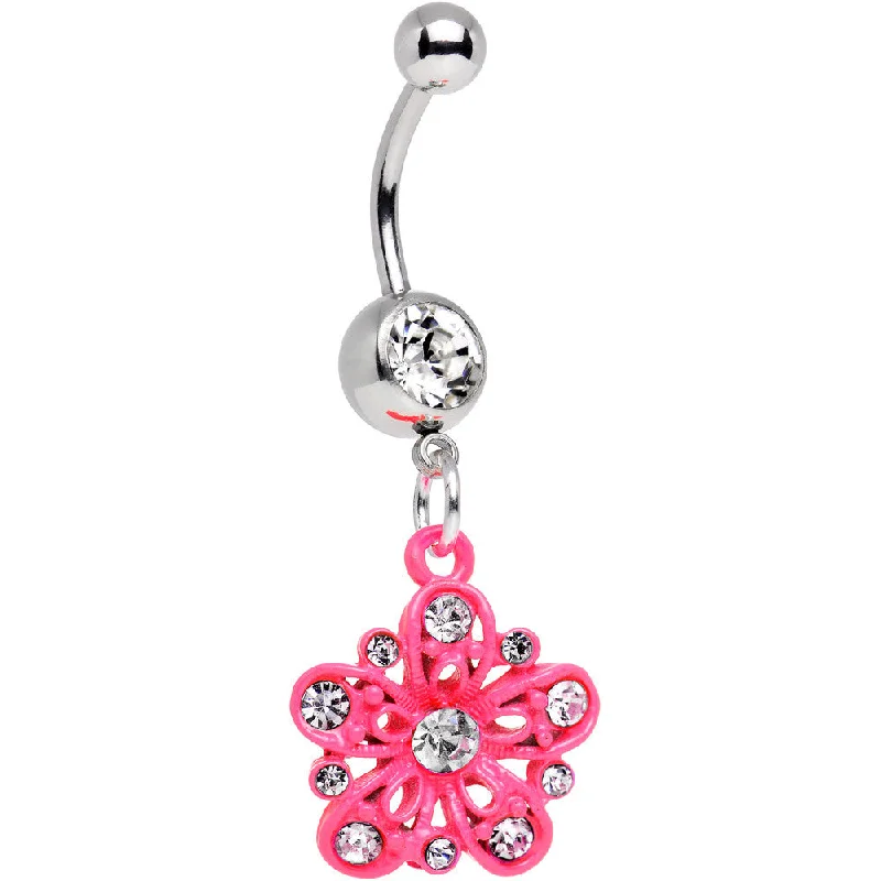 Silver Belly Rings for Elegant Appeal -Clear Gem Perfectly Pink Posy Flower Dangle Belly Ring Silver Belly Rings for Elegant Appeal -Clear Gem Perfectly Pink Posy Flower Dangle Belly Ring