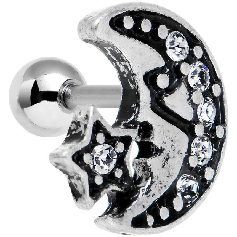Women's Earrings – Elegant Designs for Every Personality--16 Gauge 1/4 Clear Gem Moon and Star Left Tragus Cartilage Earring
