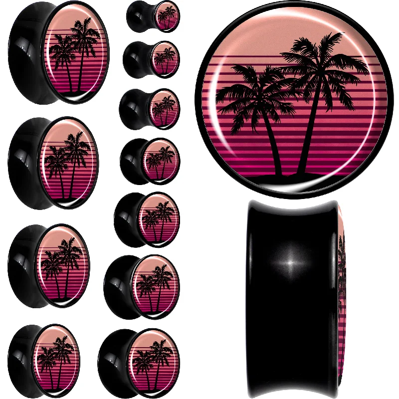 Women's Earrings – Elegant Designs for Every Personality--0 Gauge Palm Tree Retro Sunset Black Acrylic Saddle Plug Set