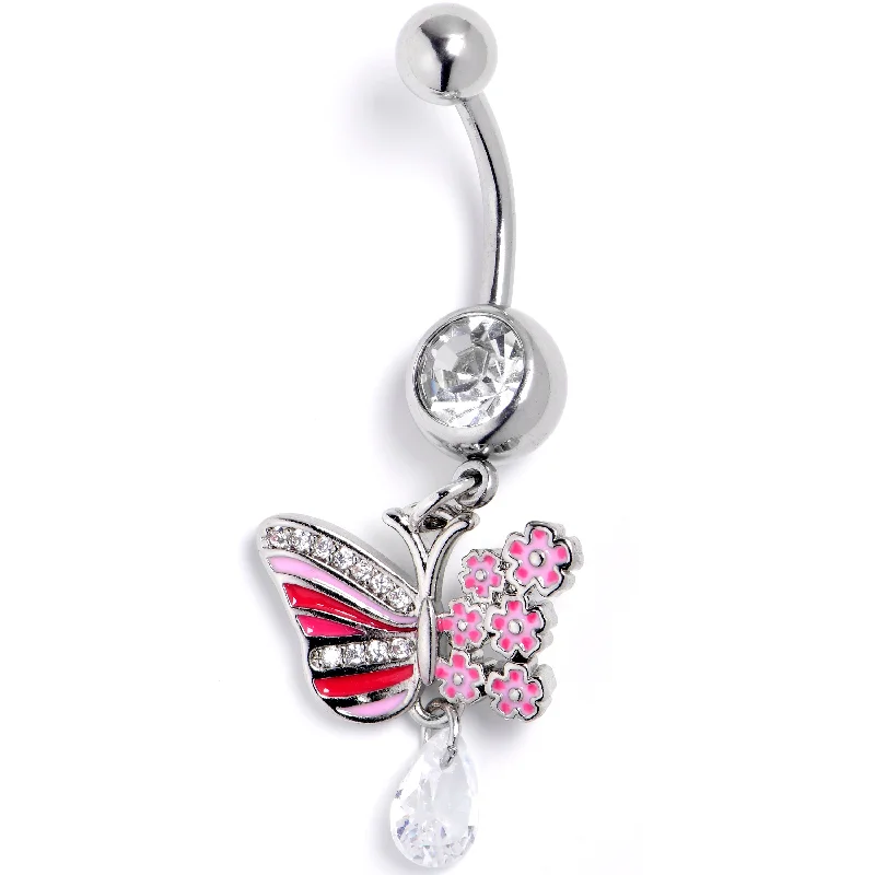 Belly Rings with Vibrant Gemstones for Glamorous Style -Clear CZ Gem Flowery Butterfly Pink Dangle Belly Ring Belly Rings with Vibrant Gemstones for Glamorous Style -Clear CZ Gem Flowery Butterfly Pink Dangle Belly Ring