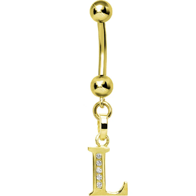 Comfortable Belly Rings for Sensitive Skin -16 Gauge Solid 14kt Yellow Gold CZ Initial L Belly Ring Comfortable Belly Rings for Sensitive Skin -16 Gauge Solid 14kt Yellow Gold CZ Initial L Belly Ring