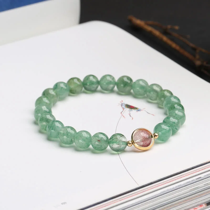 Boho Bangles for Women-Buddha Stones Natural Green Strawberry Quartz Soothing Beaded Bracelet