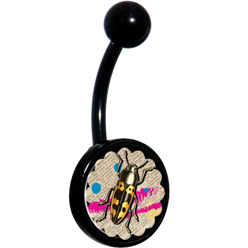 Comfortable Belly Rings with Vibrant Shine -Newsprint Beetle Bug Black Belly Ring