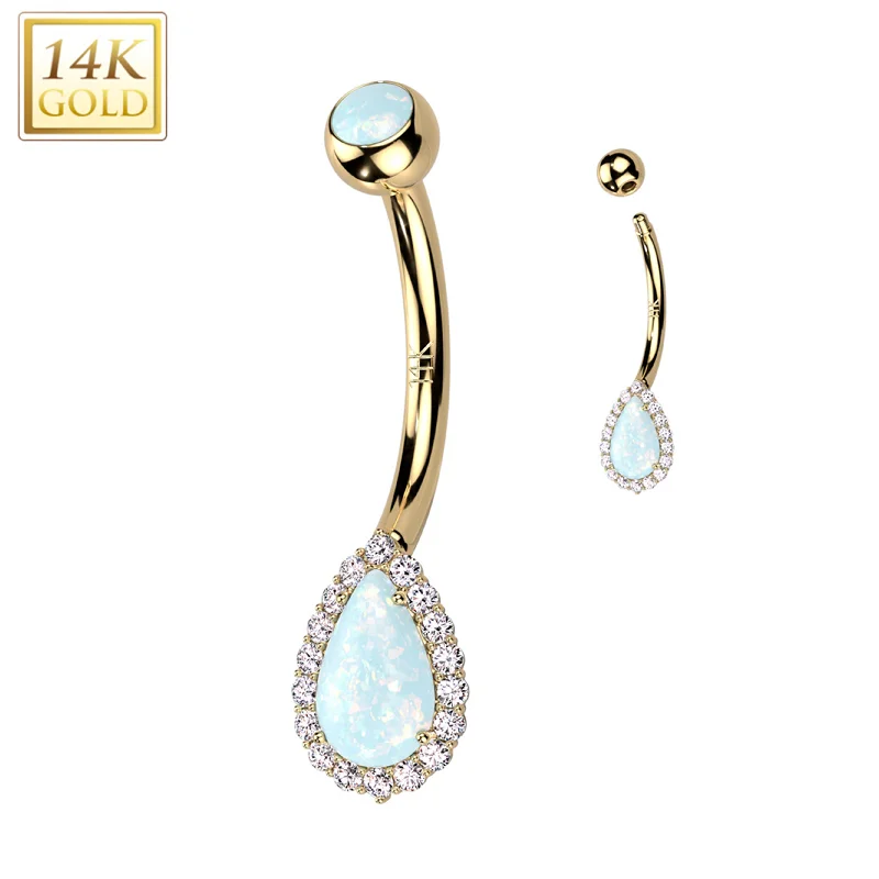 Trendy Belly Rings for Fashion-Loving Women -14kt Solid Yellow Gold CZ Synthetic Opal Deco Tear Drop Belly Ring Trendy Belly Rings for Fashion-Loving Women -14kt Solid Yellow Gold CZ Synthetic Opal Deco Tear Drop Belly Ring