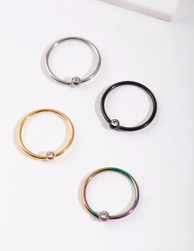 Nose Rings for Glam Looks -Mixed Metal Diamante Nose Ring 4-Pack