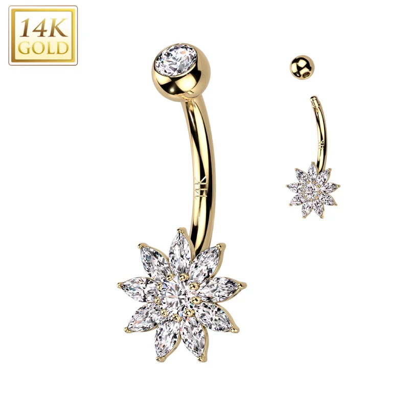 Comfortable Belly Rings for Casual Fashion -14kt Solid Yellow Gold Cubic Zirconia Floral Flower Belly Ring Comfortable Belly Rings for Casual Fashion -14kt Solid Yellow Gold Cubic Zirconia Floral Flower Belly Ring