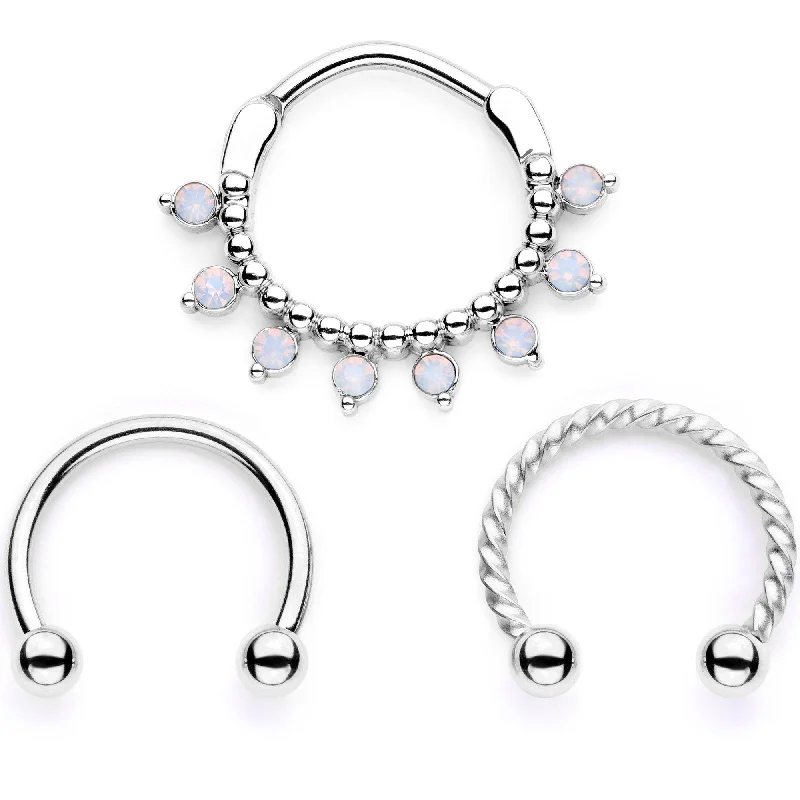 Nose Rings for Easy Wear -16 Gauge 3/8 White Faux Opal Twisted Hoseshoe and Clicker Set of 3 Nose Rings for Easy Wear -16 Gauge 3/8 White Faux Opal Twisted Hoseshoe and Clicker Set of 3