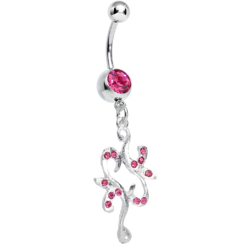 Belly Rings with Bold and Bright Stones -Pink Gem Twisted Separate Heart Dangle Belly Ring Belly Rings with Bold and Bright Stones -Pink Gem Twisted Separate Heart Dangle Belly Ring