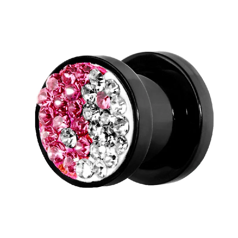 Women's Earrings – Elegant Designs for Every Personality--0 Gauge Pink Crystal Ferido Yin Yang Acrylic Screw Fit Tunnel