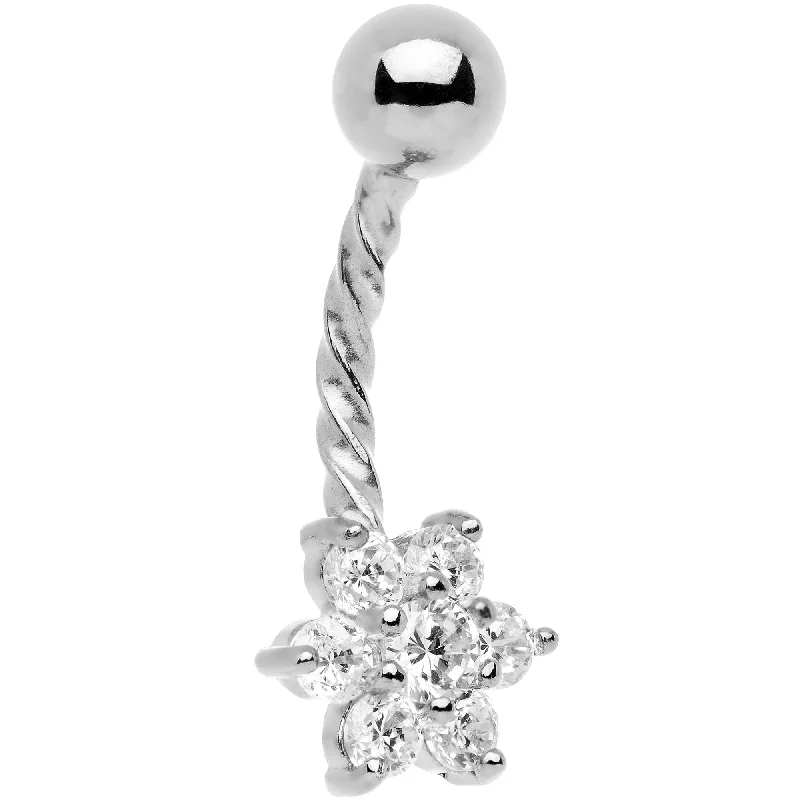 Belly Rings for Special Events -Clear CZ Gem Flower Seriously Twisted Belly Ring