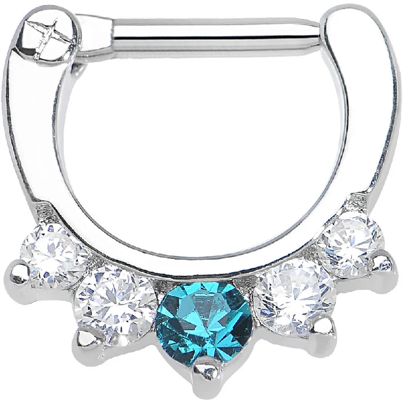Nose Rings for Edgy Looks -14 Gauge 5/16 Five Clear and Blue Cubic Zirconia Septum Clicker Nose Rings for Edgy Looks -14 Gauge 5/16 Five Clear and Blue Cubic Zirconia Septum Clicker