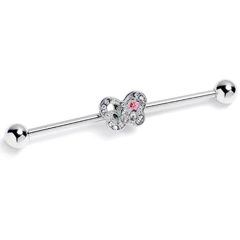 Women's Earrings – Elegant Designs for Every Personality--14 Gauge Clear Pink Gem Floral Butterfly Industrial Barbell 38mm