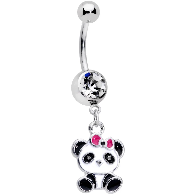 Comfortable Belly Rings for Sensitive Piercings -Clear Gem Black White Precious Panda Dangle Belly Ring Comfortable Belly Rings for Sensitive Piercings -Clear Gem Black White Precious Panda Dangle Belly Ring