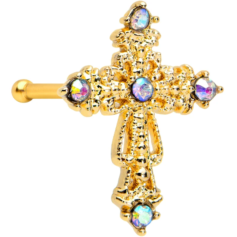 Nose Rings for Detailed Designs -20 Gauge 1/4 Aurora CZ Gem Gold Tone Subtle Cross Nose Bone