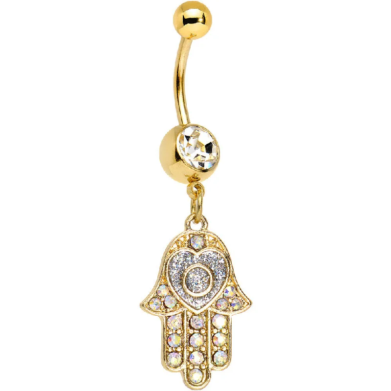 Stunning Belly Rings for Glamorous Fashion -Clear Aurora Gem Gold Anodized Hamsa Heart Dangle Belly Ring Stunning Belly Rings for Glamorous Fashion -Clear Aurora Gem Gold Anodized Hamsa Heart Dangle Belly Ring