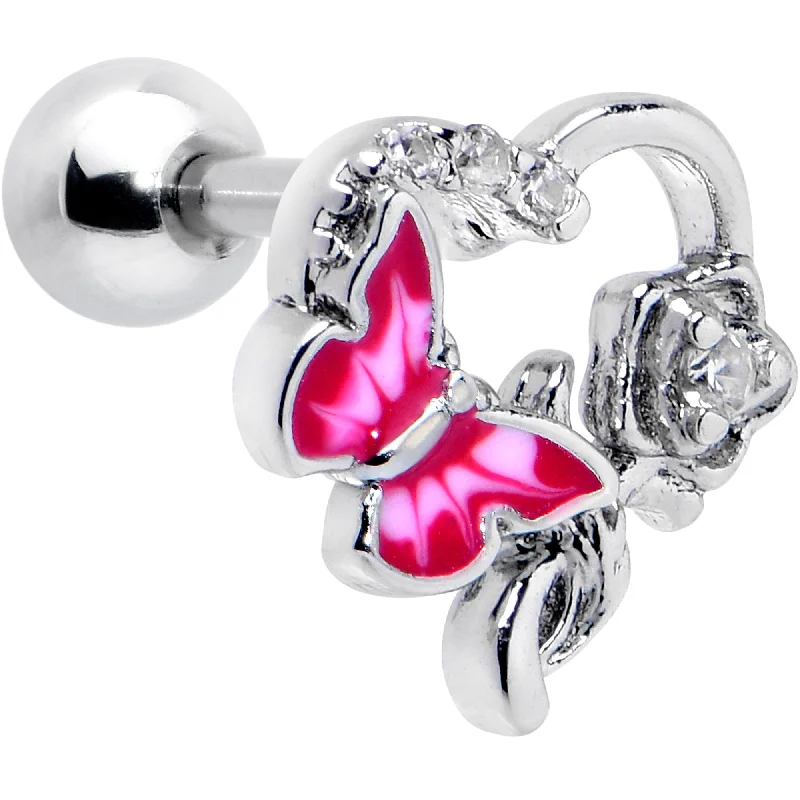 Women's Earrings – Elegant Designs for Every Personality--16 Gauge 1/4 Clear CZ Gem Butterfly Rose Pink Cartilage Tragus Stud