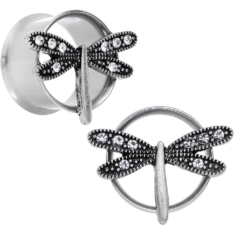 Women's Earrings – Elegant Designs for Every Personality--18mm Clear Gem Steel Hi Sky Dragonfly Double Flare Tunnel Plug Set