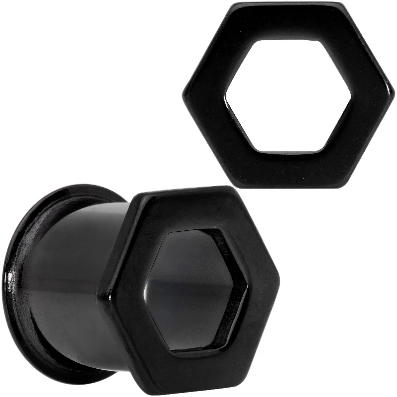 Women's Earrings – Elegant Designs for Every Personality--Black Geometric Hexagon Double Flare Tunnel Plug Set 3mm to 25mm