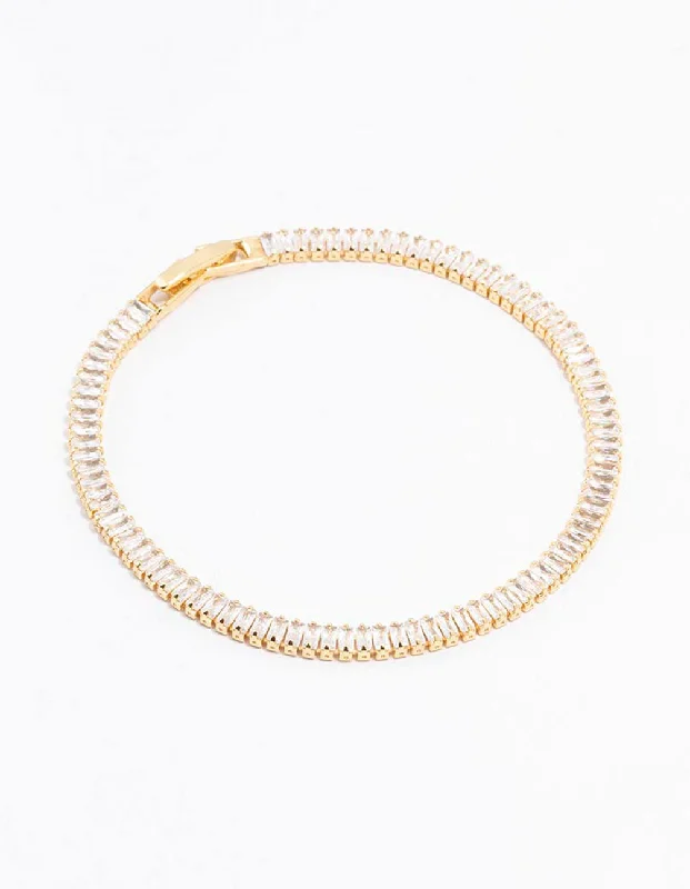 Gold Wedding Bangles for Women-Gold Plated Cubic Zirconia Baguette Tennis Bangle