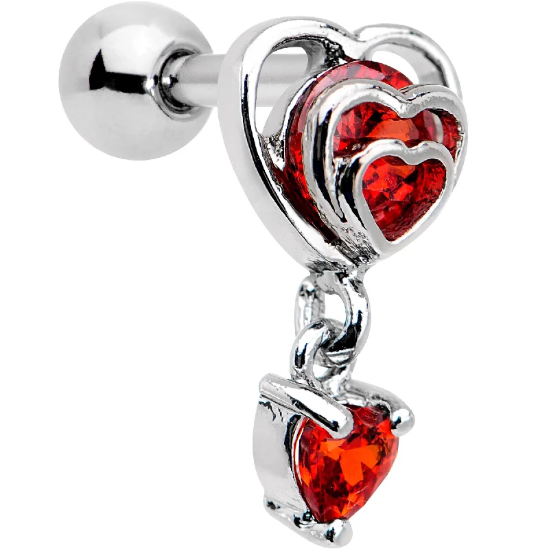 Women's Earrings – Elegant Designs for Every Personality--16 Gauge 1/4 Red CZ Gem Triple Heart Dangle Cartilage Tragus Earring