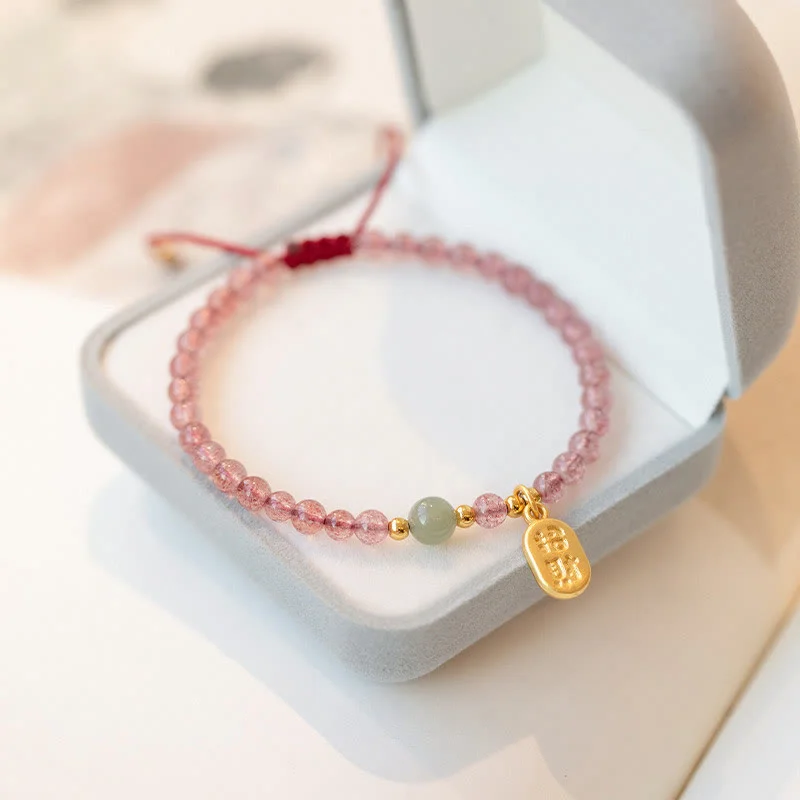 Custom Charm Bangles for Women-Buddha Stones Natural Strawberry Quartz Garnet Jade Lucky Fortune Fu Character Healing Charm Bracelet Custom Charm Bangles for Women-Buddha Stones Natural Strawberry Quartz Garnet Jade Lucky Fortune Fu Character Healing Charm Bracelet